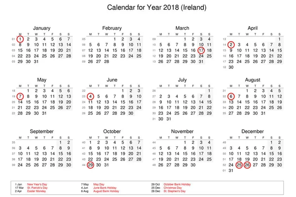 Kalender for år 2018 med helligdage og helligdage til - Stock-foto