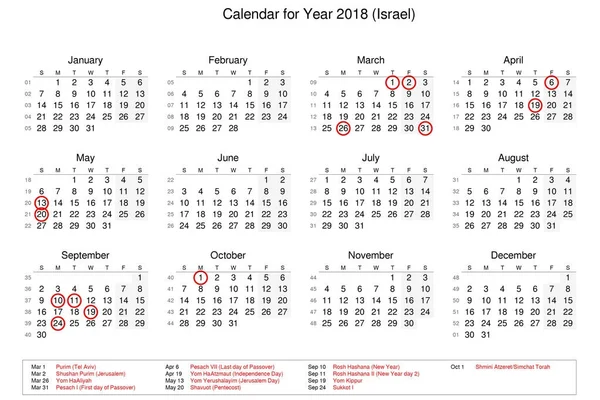 Calendario del año 2018 con días festivos y festivos para — Foto de Stock