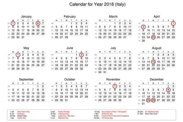 Calendário do ano 2018 com feriados e feriados para — Fotografia de Stock