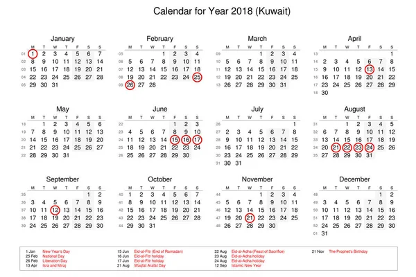 Calendario del año 2018 con días festivos y festivos para —  Fotos de Stock