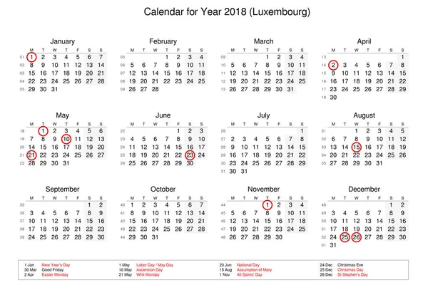 Calendar of year 2018 with public holidays and bank holidays for