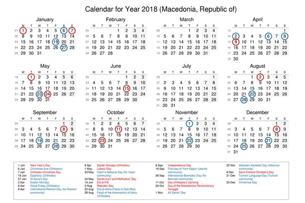 Calendario dell'anno 2018 con giorni festivi e festivi per — Foto Stock