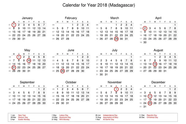 Calendário do ano 2018 com feriados e feriados para — Fotografia de Stock