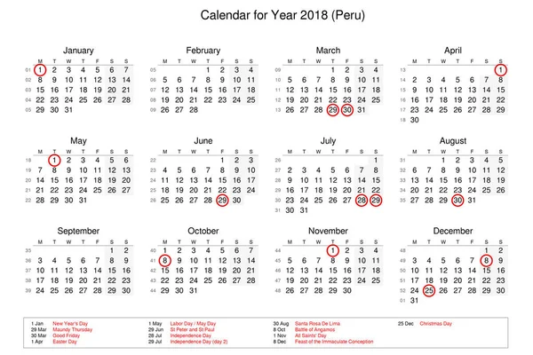 Calendario del año 2018 con días festivos y festivos para —  Fotos de Stock