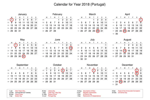 Calendar of year 2018 with public holidays and bank holidays for — Stock Photo, Image