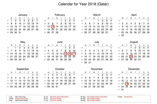 Calendario del año 2018 con días festivos y festivos para — Foto de Stock