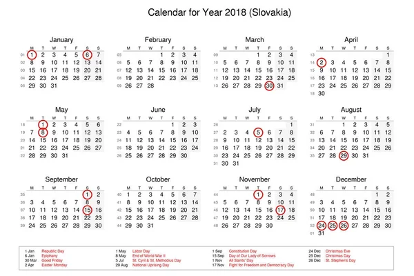 Calendario dell'anno 2018 con giorni festivi e festivi per — Foto Stock