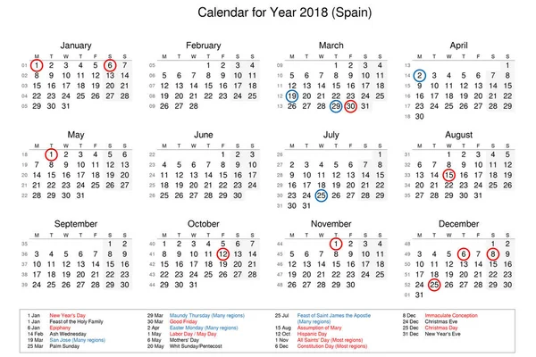 2018年的日历以公众假期和银行假日为 — 图库照片