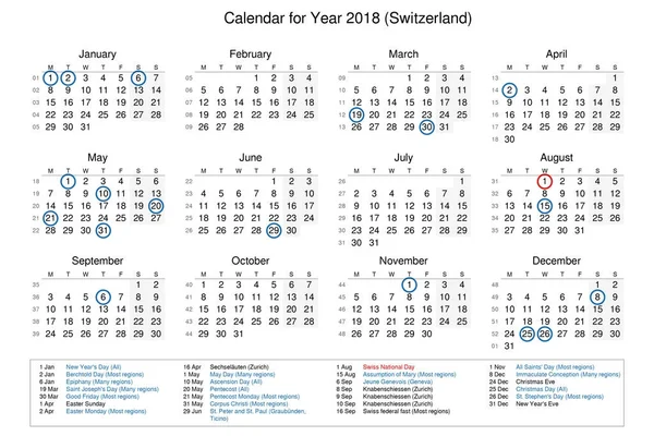 Calendario del año 2018 con días festivos y festivos para — Foto de Stock