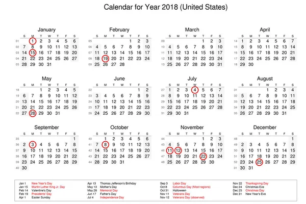 Календарь 2018 года с праздничными днями и праздничными днями — стоковое фото