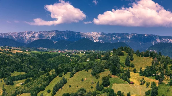 Letní alpské Transylvánie mezník, krajina se zelená pole — Stock fotografie