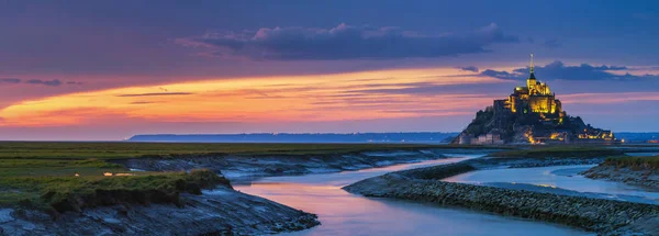 Panoramautsikt Över Den Berömda Mont Saint Michel Vid Solnedgången Normandie — Stockfoto