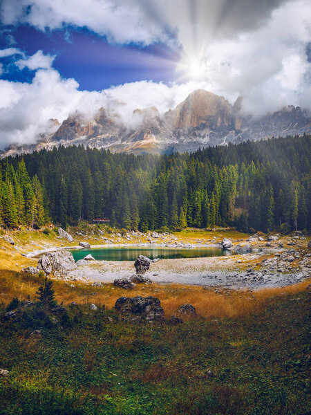 Carezza lake (Lago di Carezza, Karersee) with Mount Latemar, Bol
