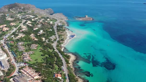 Fantastisk Utsikt Över Pelosa Strand Spiaggia Della Pelosa Med Torre — Stockvideo