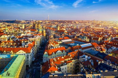Aerial Prague panoramic drone view of the city of Prague at the 