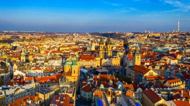 Aerial Prague panoramic drone view of the city of Prague at the 