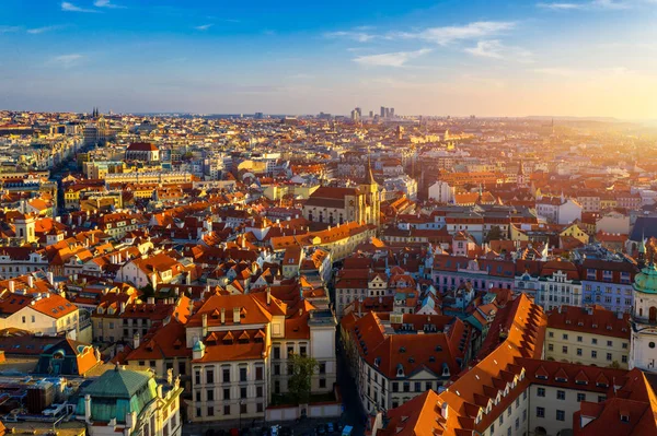 Aerial Prague panoramic drone view of the city of Prague at the — Stock Photo, Image