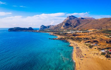 Aerial shot of beautiful turquoise beach Falasarna (Falassarna) 