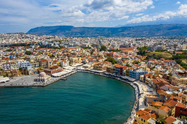Panoramic aerial view from above of the city of Chania, Crete is