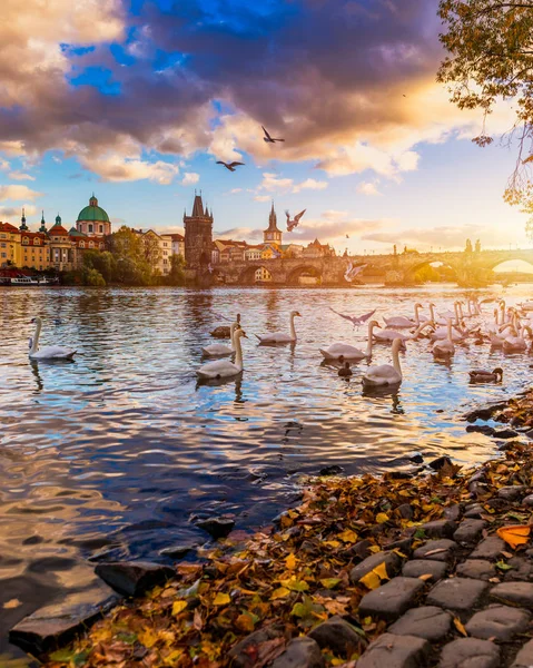 Vista de otoño al puente de Carlos sobre el río Moldava en Praga, República Checa — Foto de Stock
