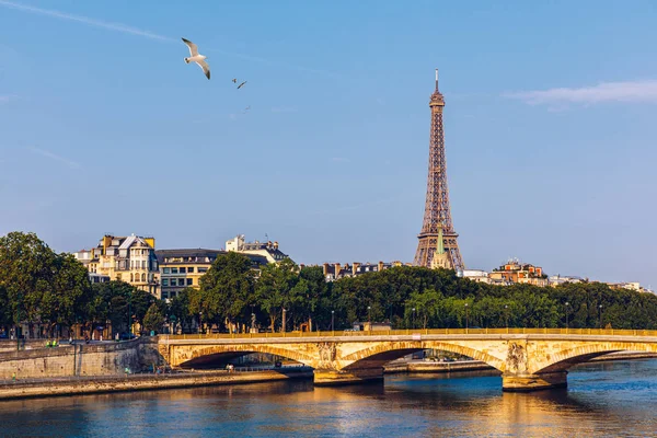 Paris Eyfel Kulesi ve Paris, Fransa 'da gün batımında Seine Nehri. E — Stok fotoğraf