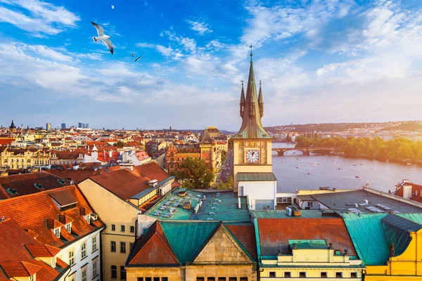 Luftaufnahme mit fliegenden Vögeln der Prager Altstadt — Stockfoto