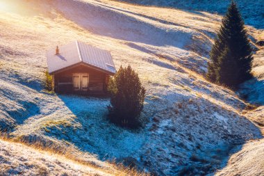 Sassolungo, Langkofel Dağı 'ndaki Alpe di Siusi veya Seiser Alm. 