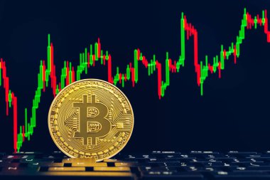 Bitcoin altın sikke ve ufuk grafik arka planı. Sanal Kripto