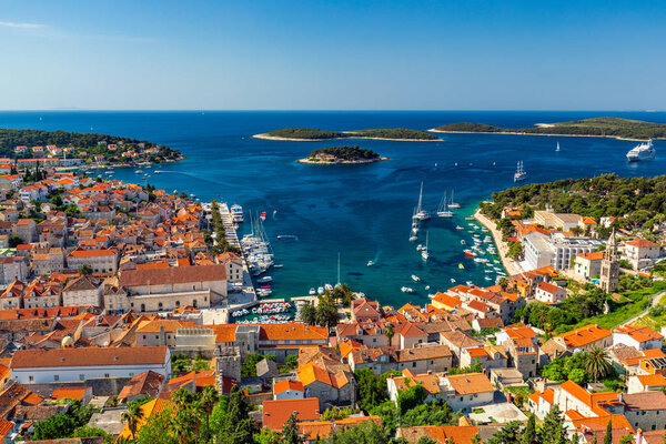View at amazing archipelago in front of town Hvar, Croatia. Harb