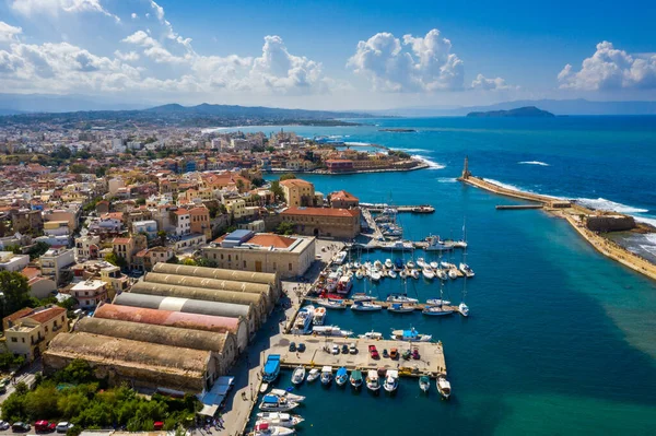 Pintoresco Puerto Antiguo Chania Monumentos Isla Creta Grecia Vista Aérea —  Fotos de Stock