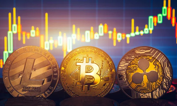 Bitcoin Litecoin Ripple Монети Фінансують Гроші Графічному Тлі Біткоїн Найважливіше — стокове фото