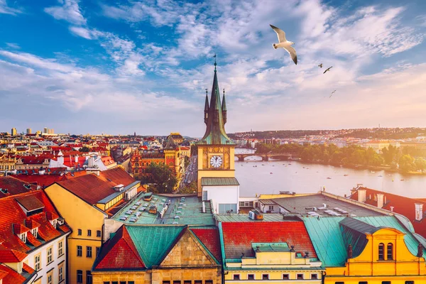 Aerial Panorama View Flying Birds Old Town Prague Czech Republic — Stock Photo, Image
