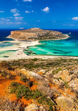 Amazing beach with turquoise water at Balos Lagoon and Gramvousa in Crete, Greece. Cap tigani in the center. Balos beach on Crete island, Greece. Landscape of Balos beach at Crete island in Greece. clipart