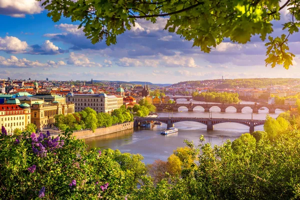 Paysage Urbain Printanier Incroyable Rivière Vltava Vieux Centre Ville Avec — Photo