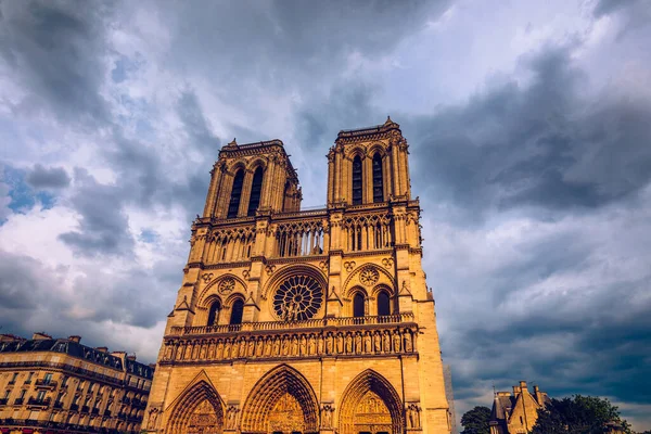 Notre Dame de Paris cathedral, France. Notre Dame de Paris Cathedral, most beautiful Cathedral in Paris. Picturesque sunset over Cathedral of Notre Dame de Paris, destroyed in a fire in 2019, Paris.