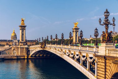 Pont Alexandre III köprüsü, güneşli bir yaz sabahı Seine nehrinin üzerinde. Art Nouveau lambaları ve heykellerle süslenmiş bir köprü. Paris, Fransa 'daki Seine Nehri' nin karşısındaki Alexander III Köprüsü..