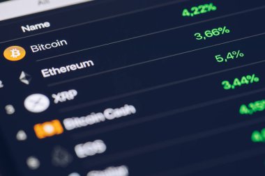 Kripto para pazar kavramı. Banka piyasa ve sanal para birimi değeri grafik. Menkul Kıymetler Borsası en çok satan kripto sikkelerinde istatistikleri karşılaştırma. Kullanım Bitcoin, Eth, dalgalanma, Bitcoin nakit için.
