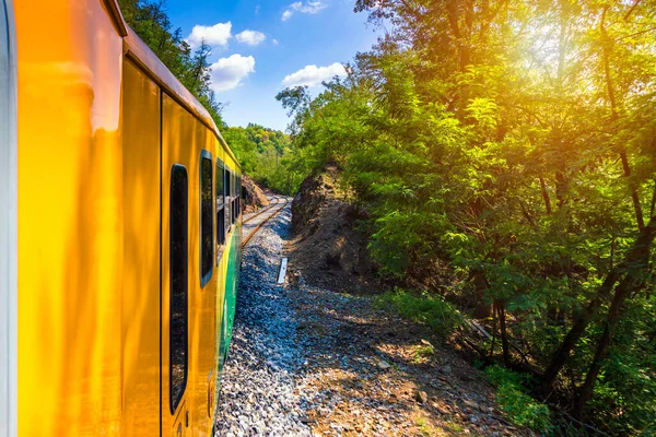 Zugfahrt Blick Aus Dem Fenster Alter Zug Fährt Grüner Vegetation — Stockfoto