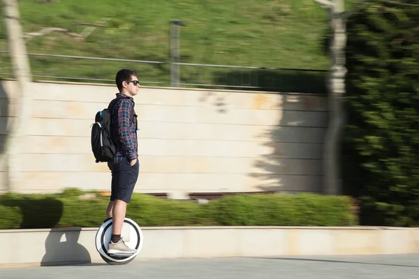 Stylish Guy Moves Sidewalk Mono Wheel — Stock Photo, Image
