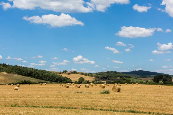Перегляд полів з тюки сіна в тосканської регіону Сієна в Італії — стокове фото