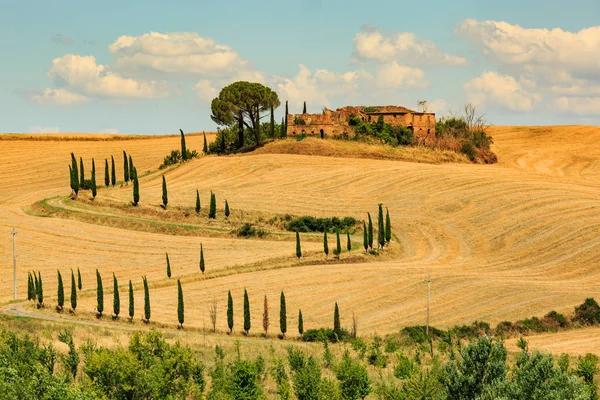 Blick auf ein Haus mit Zypressen auf einem Feld in der toskanischen Region, Italien — Stockfoto