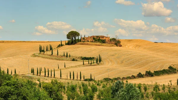 Blick auf ein Haus mit Zypressen auf einem Feld in der toskanischen Region, Italien — Stockfoto