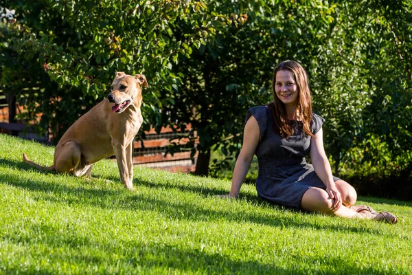 Menina sentada em um prado verde com um cão Pitbull marrom — Fotografia de Stock