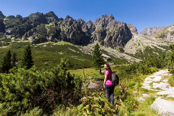 Flicka vandring till den Teryho Chata i slovakiska bergen — Stockfoto