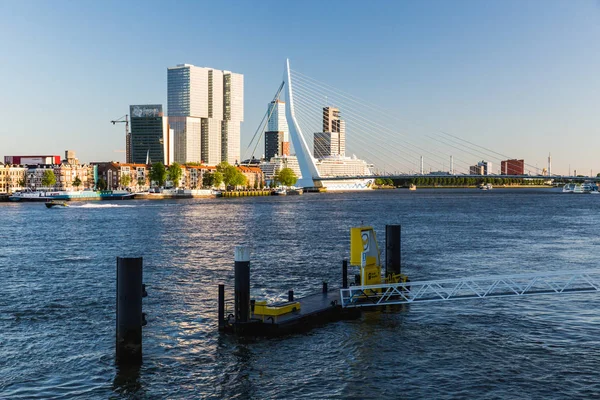 Vue extérieure du pont Erasmus au coucher du soleil et de la rivière Maas, Rotterdam, Pays-Bas — Photo