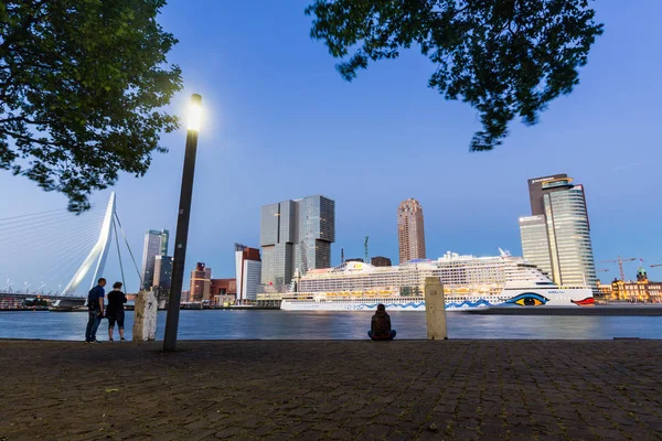 Vue extérieure du pont Erasmus au coucher du soleil et de la rivière Maas, Rotterdam, Pays-Bas — Photo