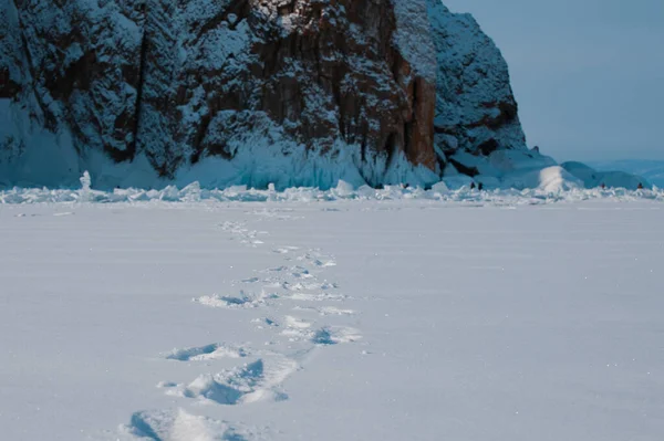 Samotne Ślady Stóp Śniegu Jezioro Baikal — Zdjęcie stockowe