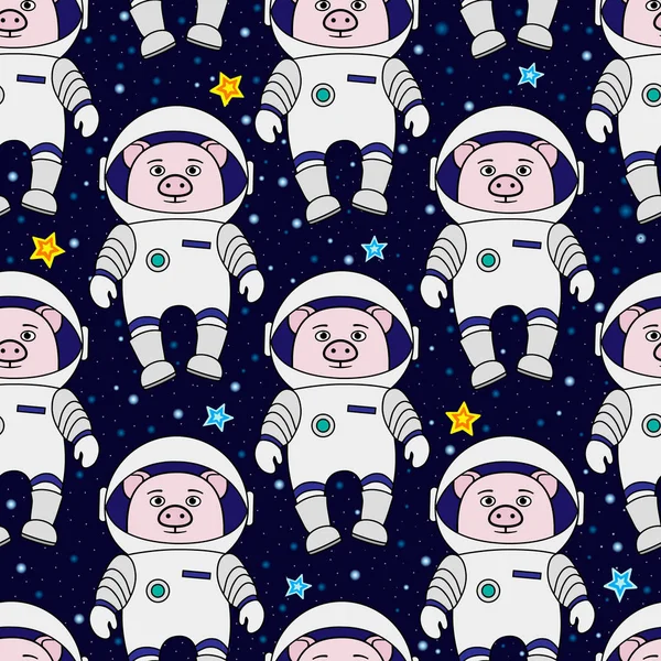 豚宇宙飛行士と宇宙、シームレスなパターンの星たち — ストックベクタ