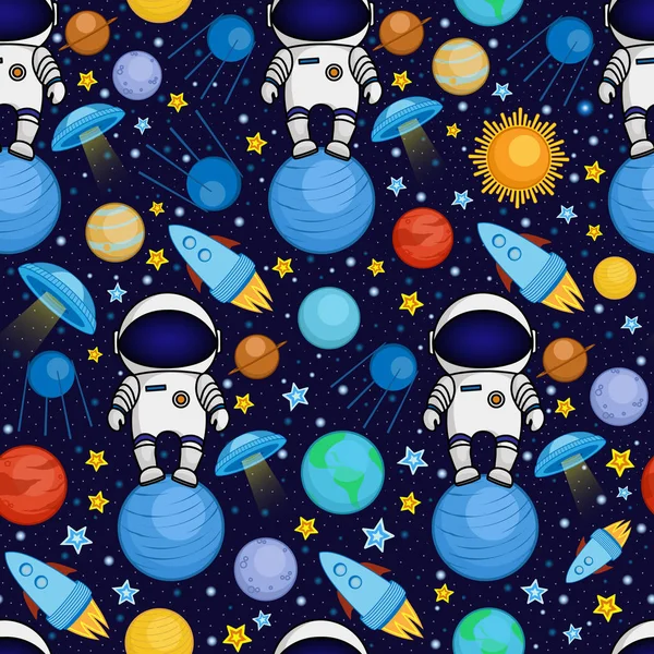 Seamless cartoon space pattern - astronaut, spaceship, planets, satellites — Stock Vector