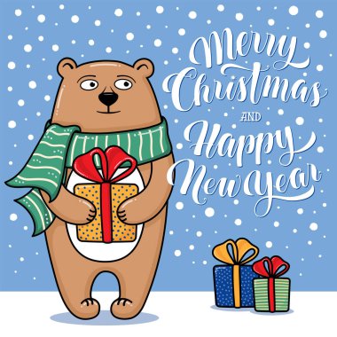 Ayı ile neşeli Noel ve mutlu yeni yıl tebrik kartı